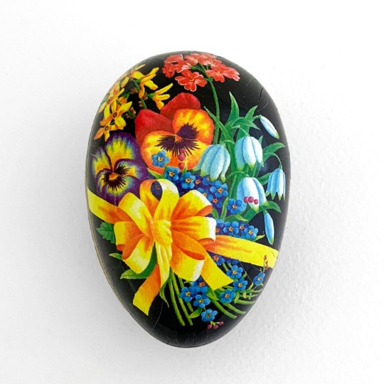 3-1/2" Black Pansy Bouquet with Bow Papier Mache Easter Egg Container ~ Germany